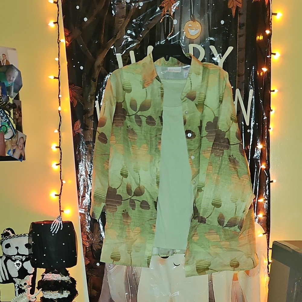 Vintage Alfred Dunner Leaf Print Blouse W/Cami in Green and Brown
